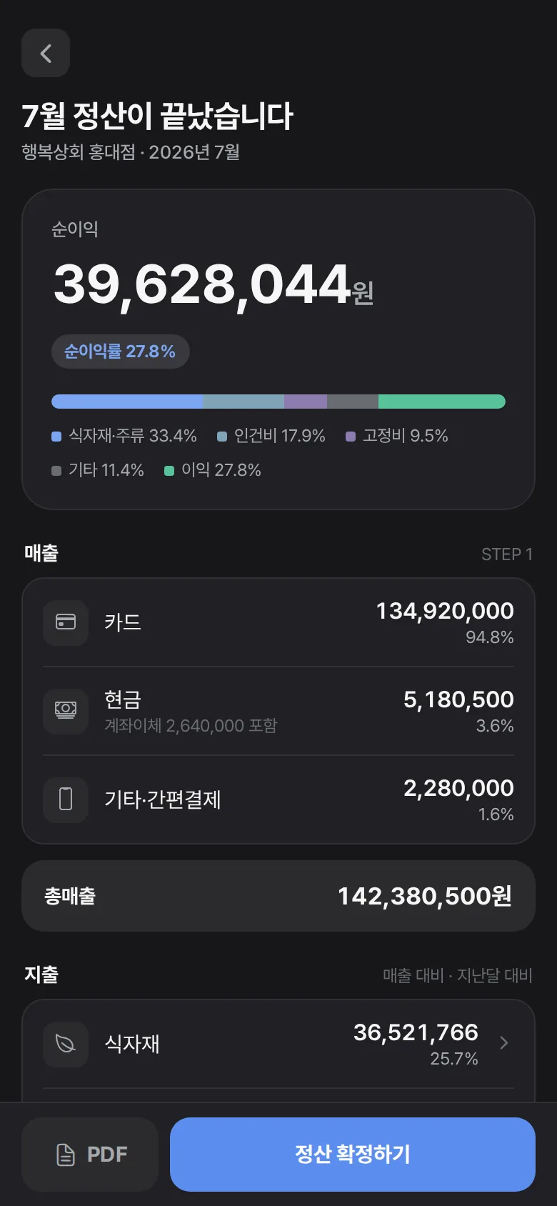 위스토어 정산 화면